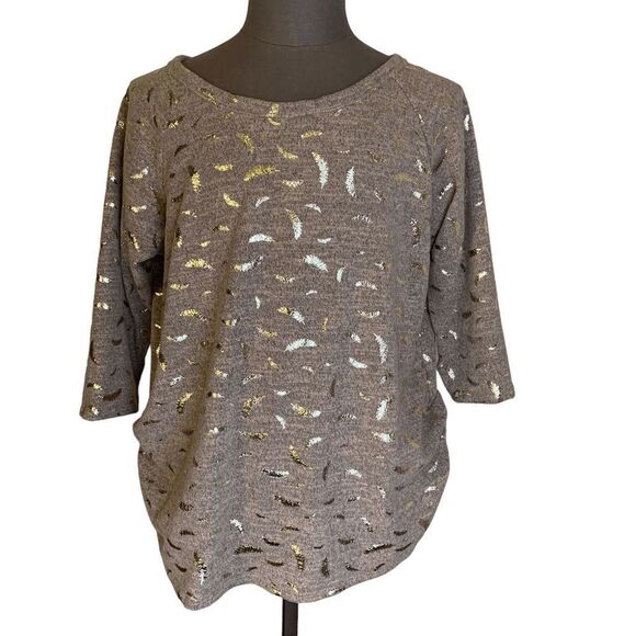 SjS Women's size 2X heather peach gray 3/4 sleeve Metallic gold leaf Sweater - Picture 1 of 10